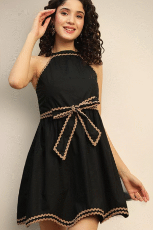 Black Halter Neck Fit & Flare Dress with Waist Bow