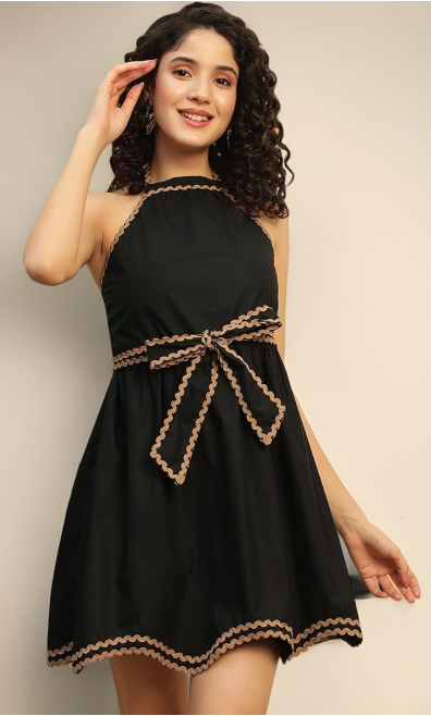 Black Halter Neck Fit & Flare Dress with Waist Bow