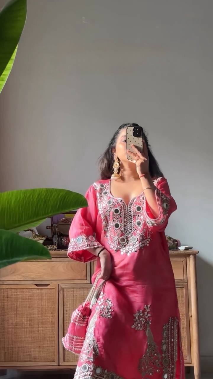 Gorgeous Pink Color Sequence Palazzo Suit