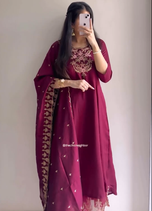 Wine Maroon Embroidered Kurta Set