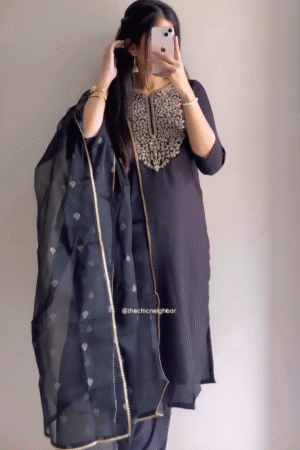 Elegant Black Embroidered Kurta Set with Sheer Dupatta