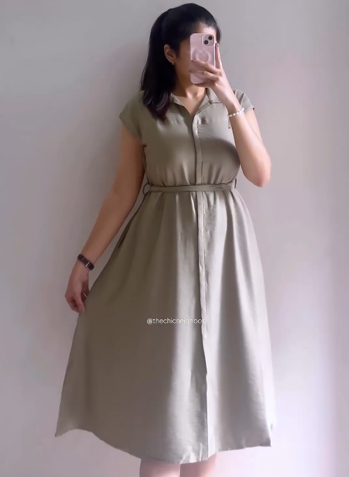 Olive Green Button-Down Midi Dress with Waist Tie