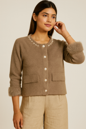 Taupe Faux Fur Trim Cardigan with Pearl Buttons