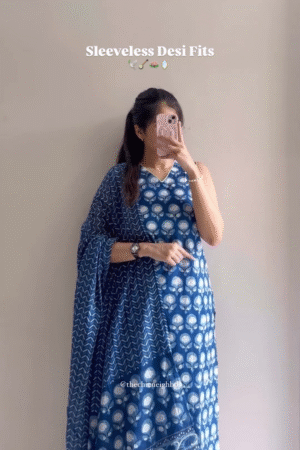 Women’s Indigo Sleeveless Kurta Set with Printed Dupatta