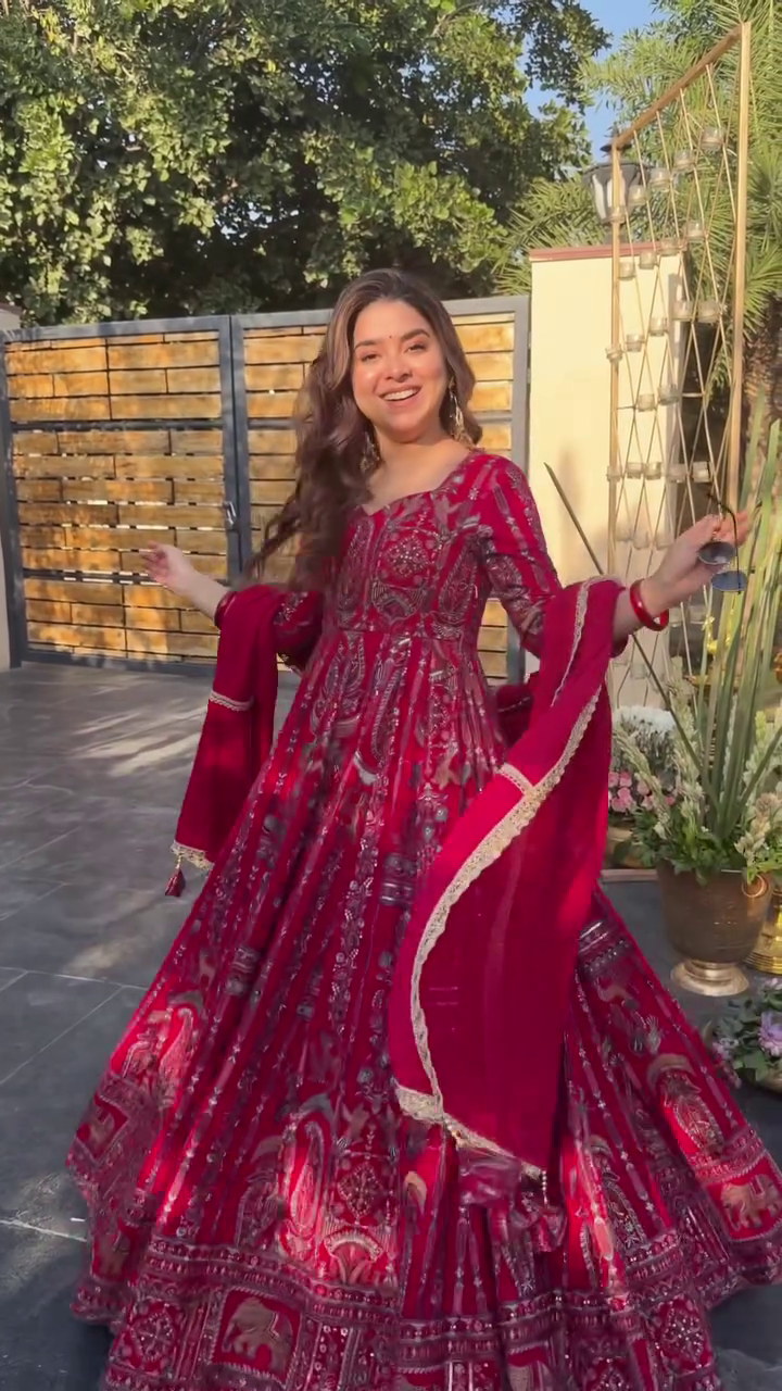 Crimson Red Heavy Printed Anarkali Suit Set