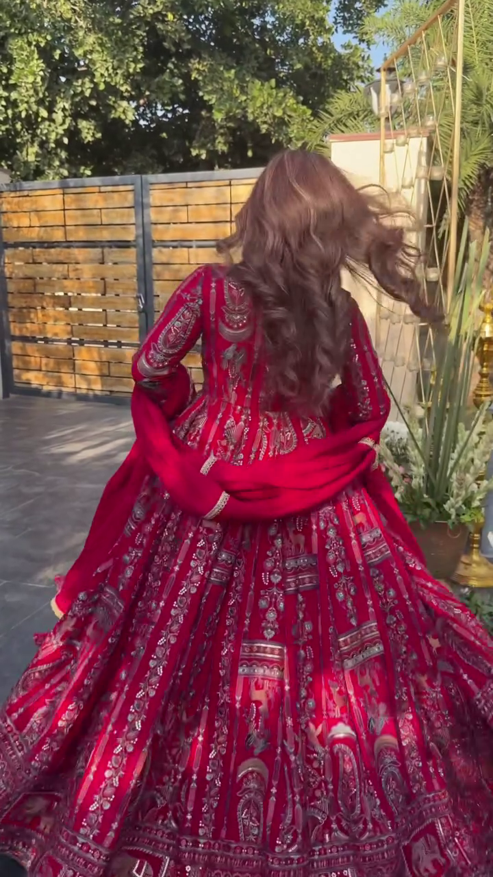 Crimson Red Heavy Printed Anarkali Suit Set - Image 2