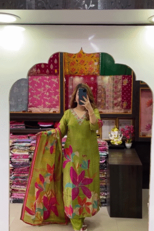 Olive Green Floral Printed Kurta Set with Matching Dupatta for Women