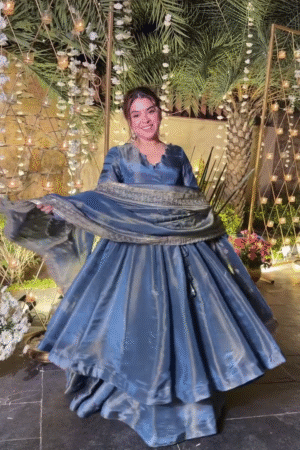 Steel Blue Silk Anarkali Gown Set with Embroidered Dupatta