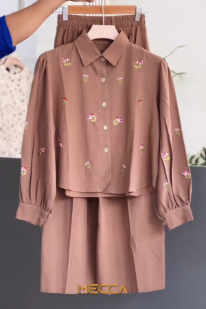 Brown Embroidered Shirt & Elastic Waist Shorts Co-Ord Set