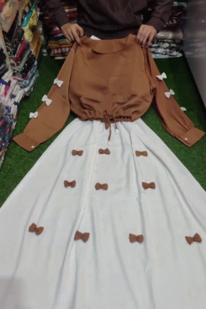 Brown Drawstring Crop Top & White Bow-Detail Skirt Co-Ord Set