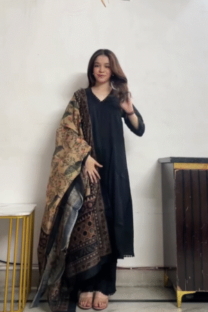 Elegant Black Kurta Set with Printed Dupatta