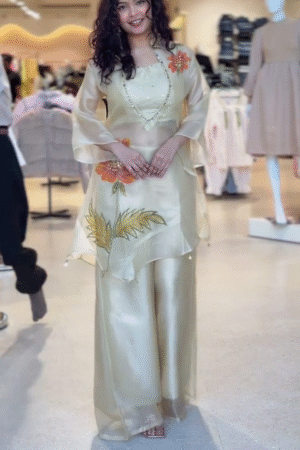 Ivory Floral Embroidered Kurta Palazzo Set