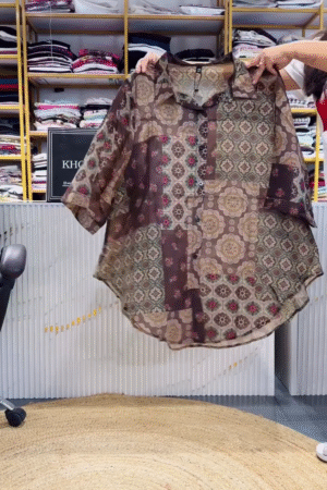 Brown Patchwork Print Sheer Shirt