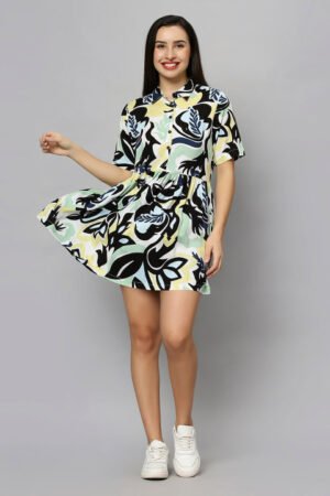 Black & Sea Green Abstract Printed Fit & Flare Mini Dress