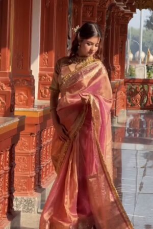 Women’s Peach Pink Silk Saree with Golden Border