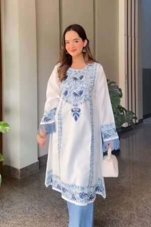 Elegant White & Blue Printed Kurti – Graceful Everyday Wear