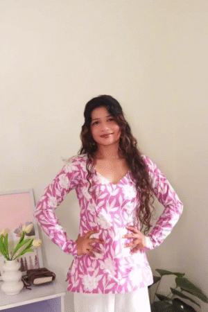 Pink Floral V-Neck Peplum Top for Women – Elegant Casual & Party Wear Blouse