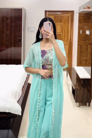 Mint Green Co-Ord Set with Embroidered Bustier & Sheer Cape