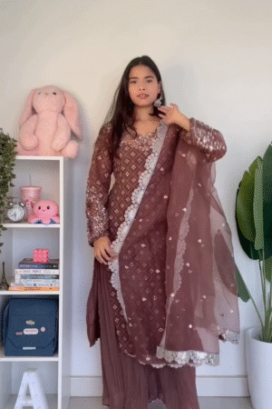 Brown Embroidered Kurta Set with Dupatta – Women’s Festive Ethnic Suit with Sharara Pants