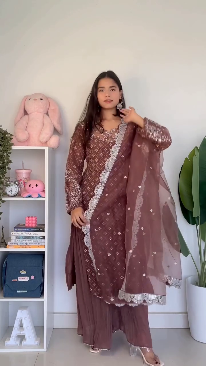 Brown Embroidered Kurta Set with Dupatta – Women’s Festive Ethnic Suit with Sharara Pants