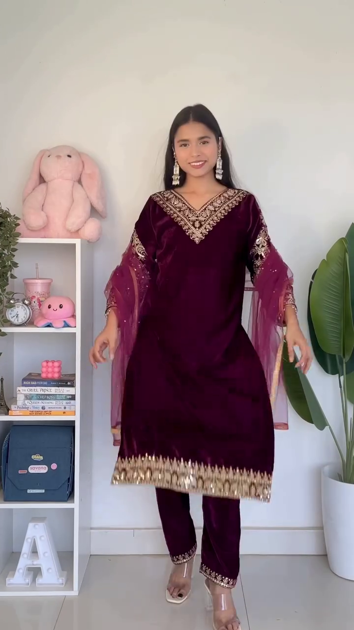 Brown Embroidered Kurta Set with Dupatta – Women’s Festive Ethnic Suit with Sharara Pants - Image 2