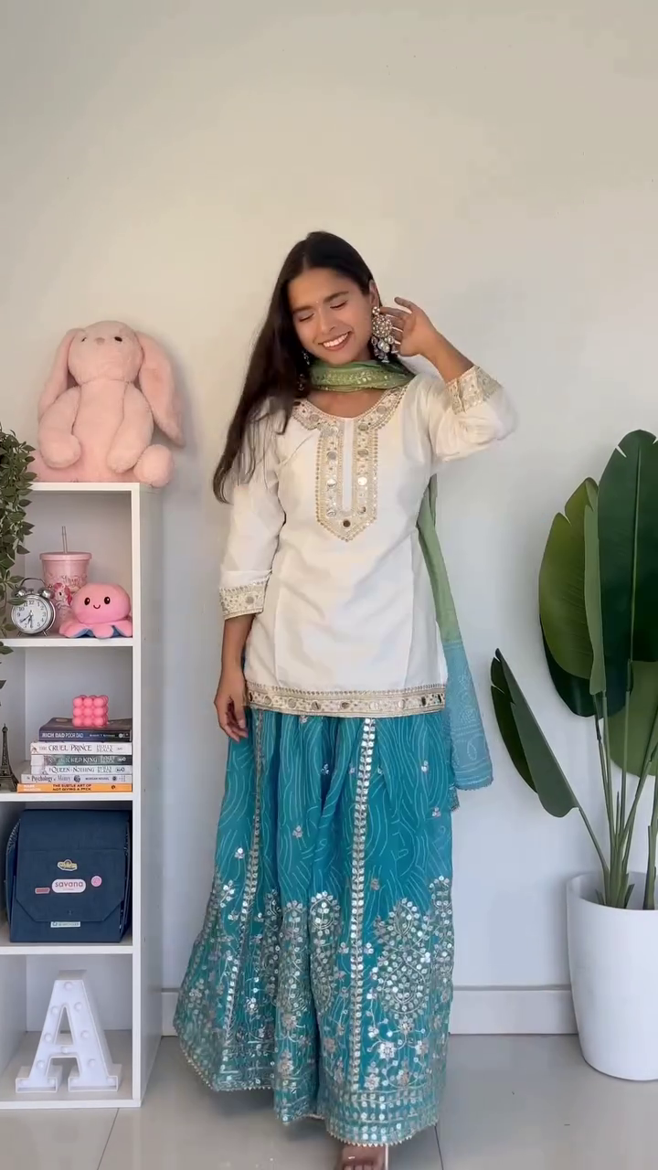 Brown Embroidered Kurta Set with Dupatta – Women’s Festive Ethnic Suit with Sharara Pants - Image 3