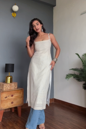 Ivory White Straight Kurti with Spaghetti Straps – Elegant Summer Cotton Kurti for Women