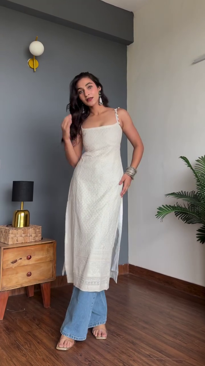 Ivory White Straight Kurti with Spaghetti Straps – Elegant Summer Cotton Kurti for Women