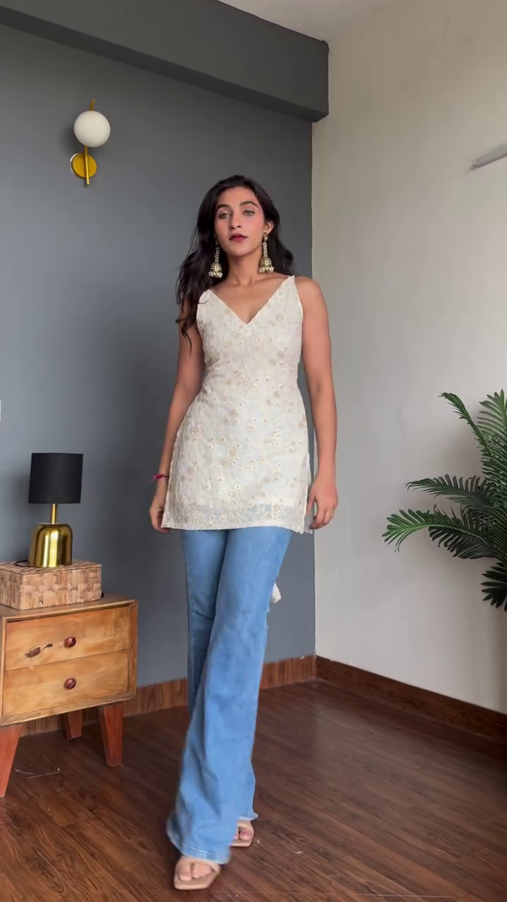 Ivory White Straight Kurti with Spaghetti Straps – Elegant Summer Cotton Kurti for Women - Image 2