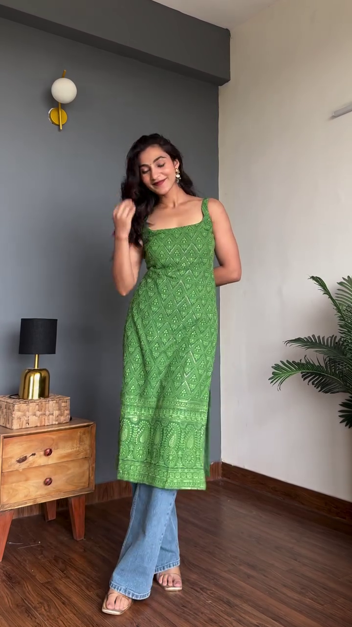 Ivory White Straight Kurti with Spaghetti Straps – Elegant Summer Cotton Kurti for Women - Image 3