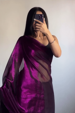 Wine Purple Shimmer Saree for Women – Soft Net Glitter Saree with Elegant Drape