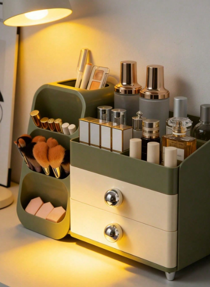 Olive Green Makeup Organizer with Drawers and Compartments