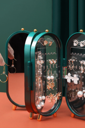 Teal Oval Travel Jewelry Organizer with Mirror and Stand