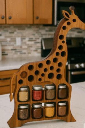 Wooden Giraffe Spice Rack Organizer with Jars