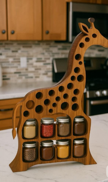 Wooden Giraffe Spice Rack Organizer with Jars