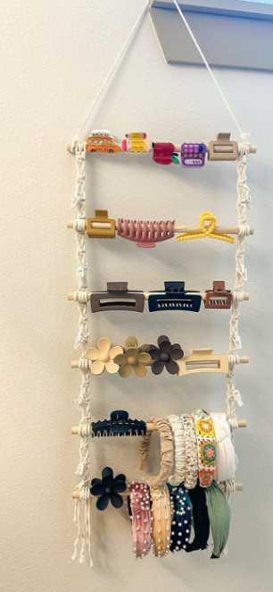 Macramé Wall Hanging Hair Accessory Organizer with Wooden Dowels