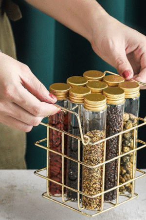 Gold Metal Caddy Basket with 6 Glass Spice Jars