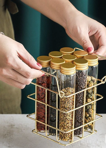Gold Metal Caddy Basket with 6 Glass Spice Jars