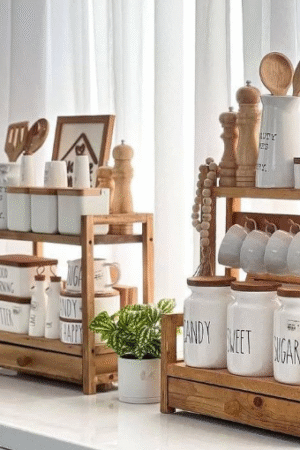 Rustic Wooden Kitchen Countertop Organizer Set