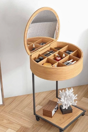 Round Bamboo Jewelry Organizer with Lid Mirror and Rolling Stand