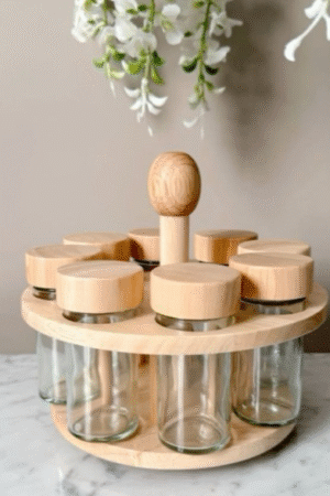 Round Wooden Rotating Spice Jar Carousel with 7 Jars