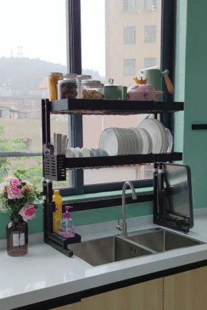 Black 2-Tier Over-Sink Dish Drying Rack with Utensil Holder