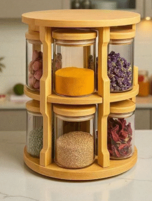 Rotating Bamboo Spice Jar Carousel Organizer