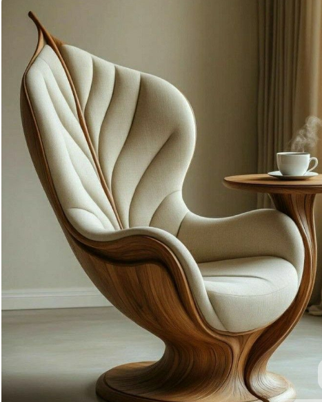 Leaf-Shaped Wooden Sculptural Accent Chair