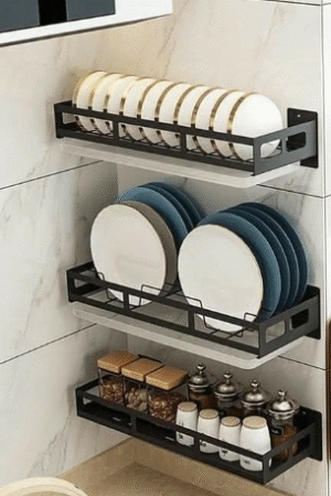 Black 3-Tier Wall-Mounted Kitchen Dish and Spice Rack