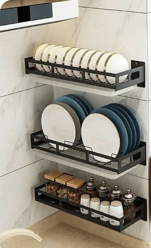 Black 3-Tier Wall-Mounted Kitchen Dish and Spice Rack