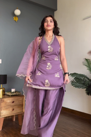 Women’s Lavender Designer Kurta Set with Palazzo Pants and Dupatta