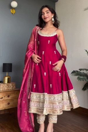 Deep Red Festive Anarkali Suit with Gold Embroidery & Dupatta – Wedding Ready Ethnic Wear