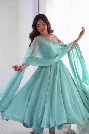 Mint Green Anarkali Dress with Sheer Dupatta – Elegant Festive Ethnic Wear