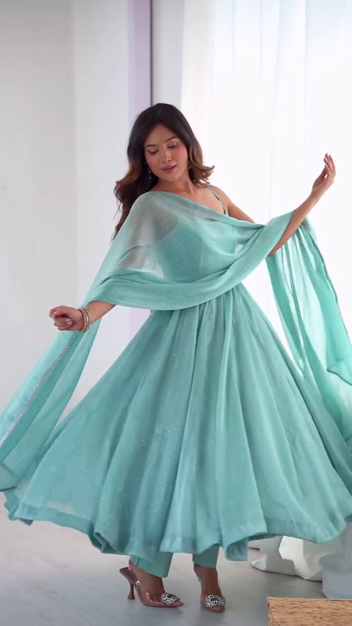 Mint Green Anarkali Dress with Sheer Dupatta – Elegant Festive Ethnic Wear